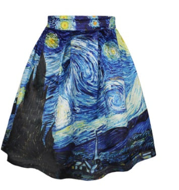Tanya – Flared Mini Skirt with 3D Van Gogh Starry Night Print