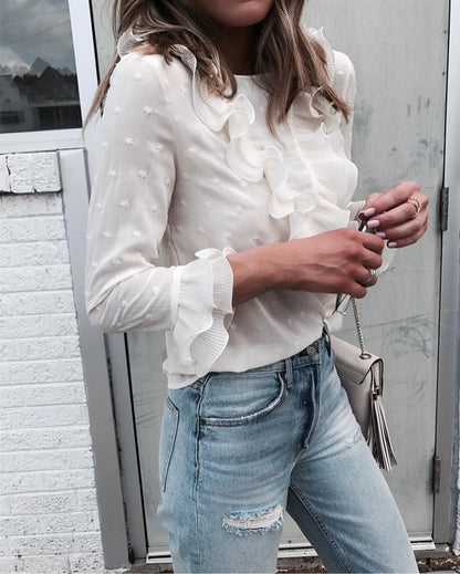 Abigail – Casual Women's Blouse with Ruffles and Lace Polka Dots