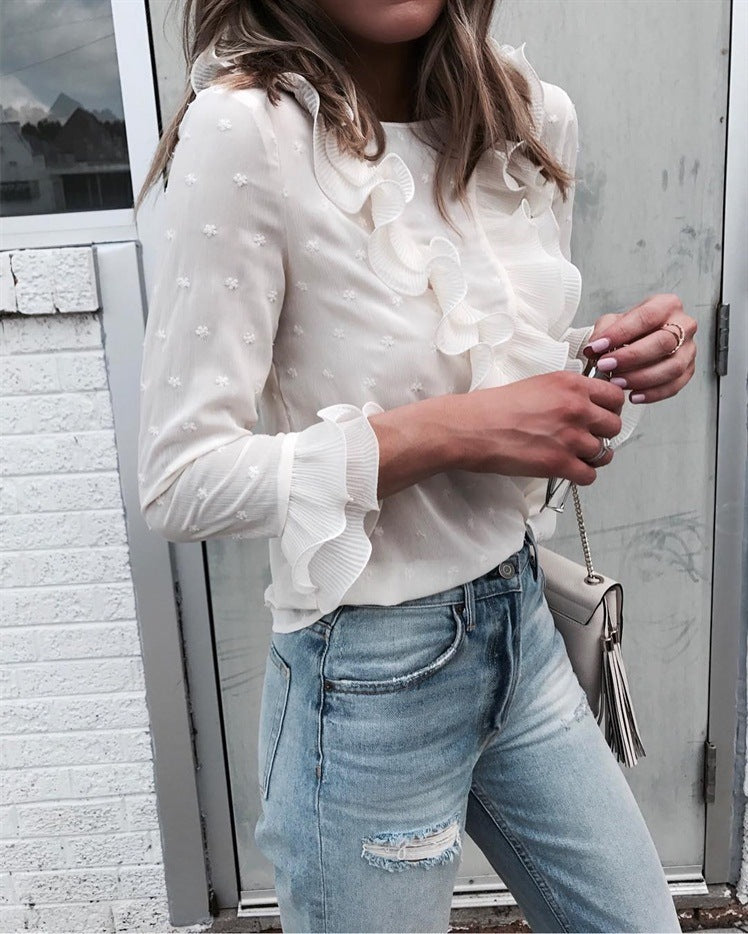 Abigail – Casual Women's Blouse with Ruffles and Lace Polka Dots