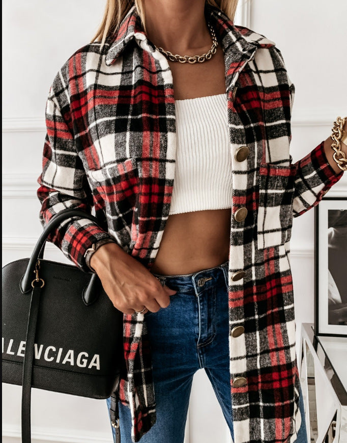 Catherine – Retro Plaid Long-Sleeve Shirt Jacket