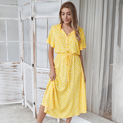 Sara – Short Women's Dress with Wave Dot Pattern and Collar