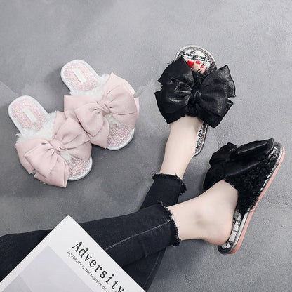 Clara – Fluffy Slippers with Large Bow Detail