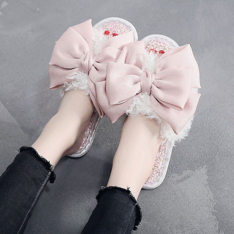 Clara – Fluffy Slippers with Large Bow Detail