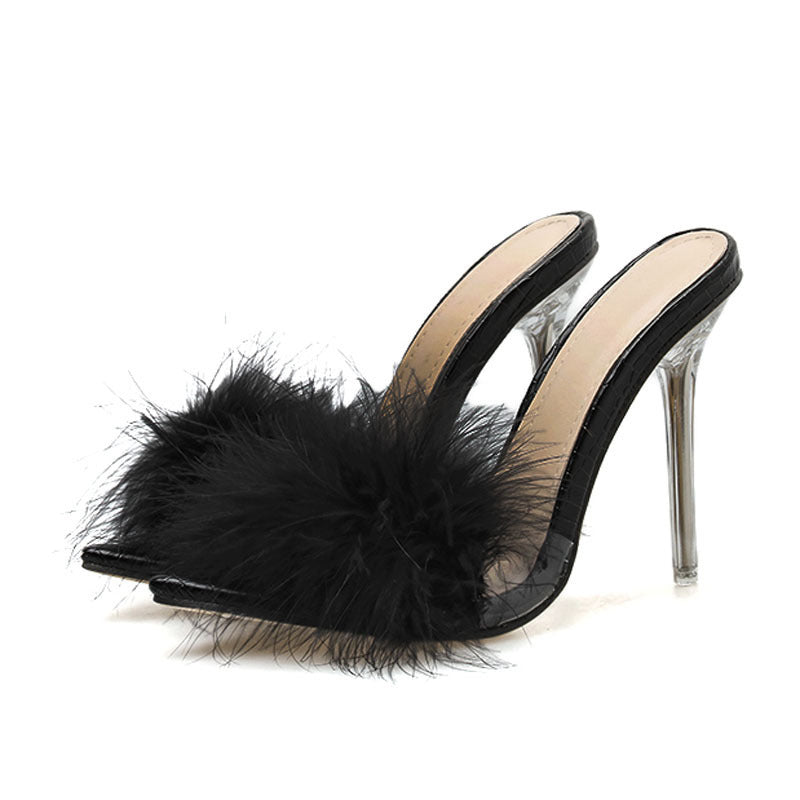 Ann – Transparent Crystal High Heels with Fan Fur