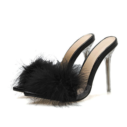 Ann – Transparent Crystal High Heels with Fan Fur