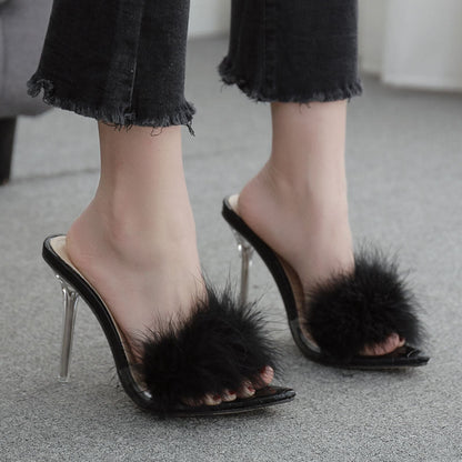 Ann – Transparent Crystal High Heels with Fan Fur