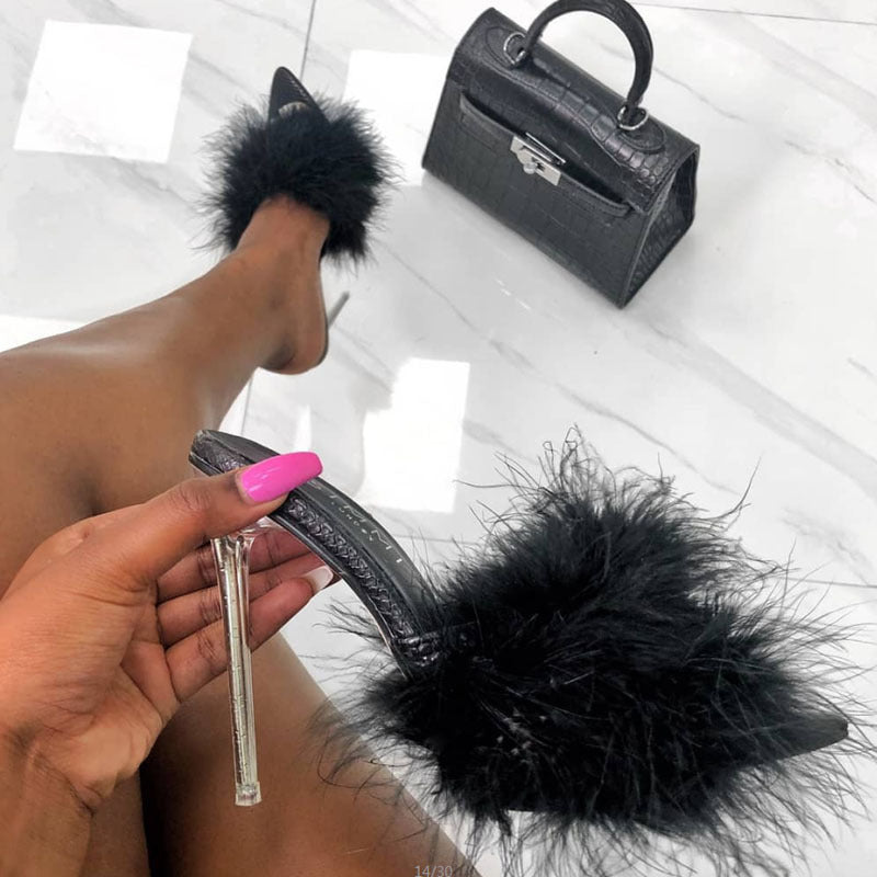 Ann – Transparent Crystal High Heels with Fan Fur
