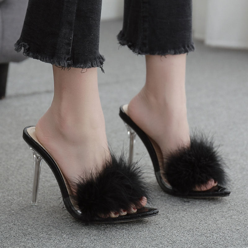 Ann – Transparent Crystal High Heels with Fan Fur