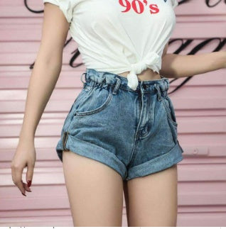 Deborah – High-Waisted Denim Shorts with Elastic Waistband and Wide Legs