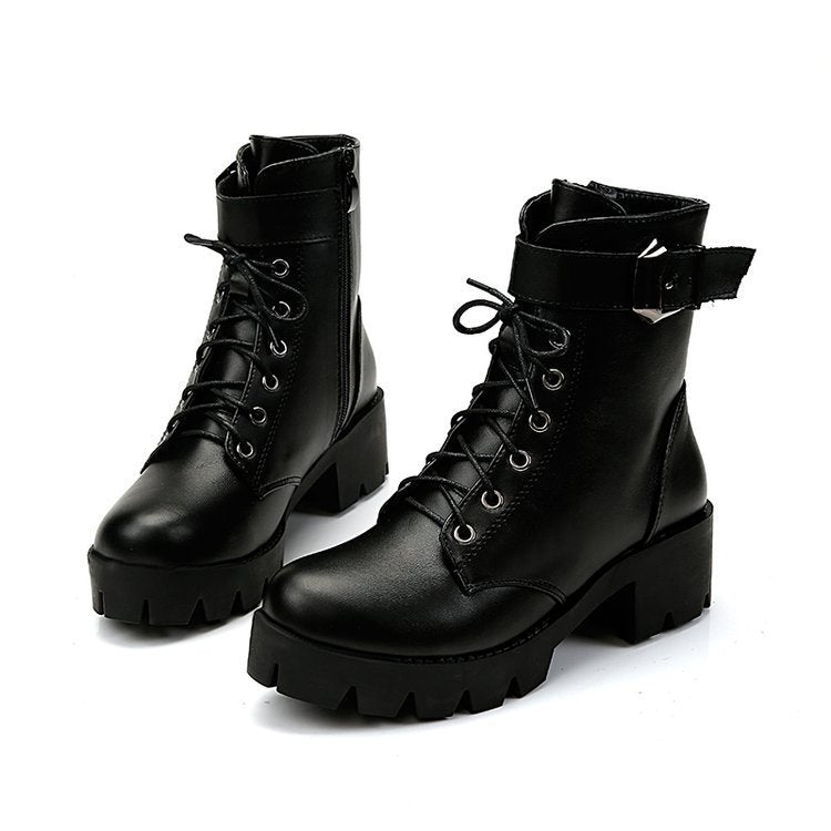Jacqueline – Lace-Up Boots with Buckle and Thick Sole