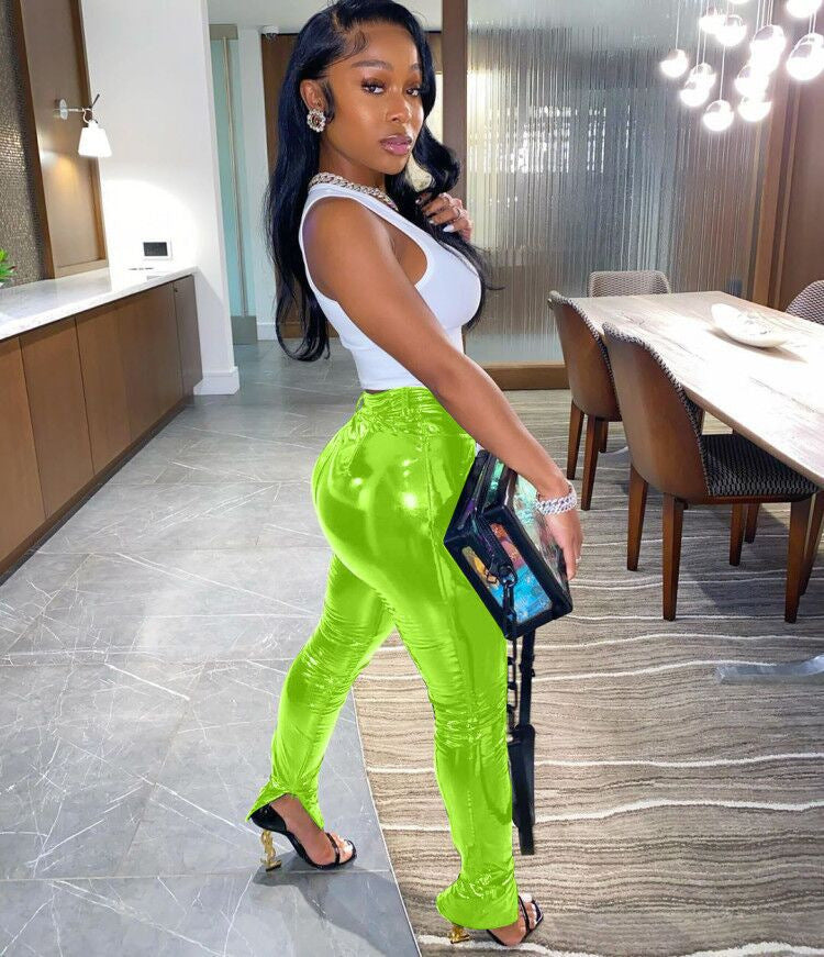 Elizabeth – Shimmering Vegan Leather Pants with Zipper and Slim Fit