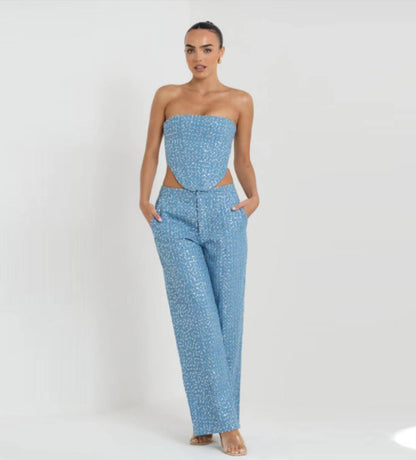 Melanie – Fashionable Denim Sequin Tube Top with Wide Pants