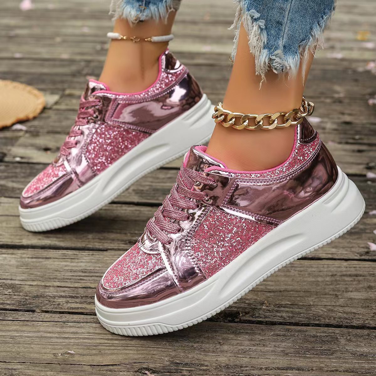 Marie – Lace-Up Sneakers with Sequins and Non-Slip Sole