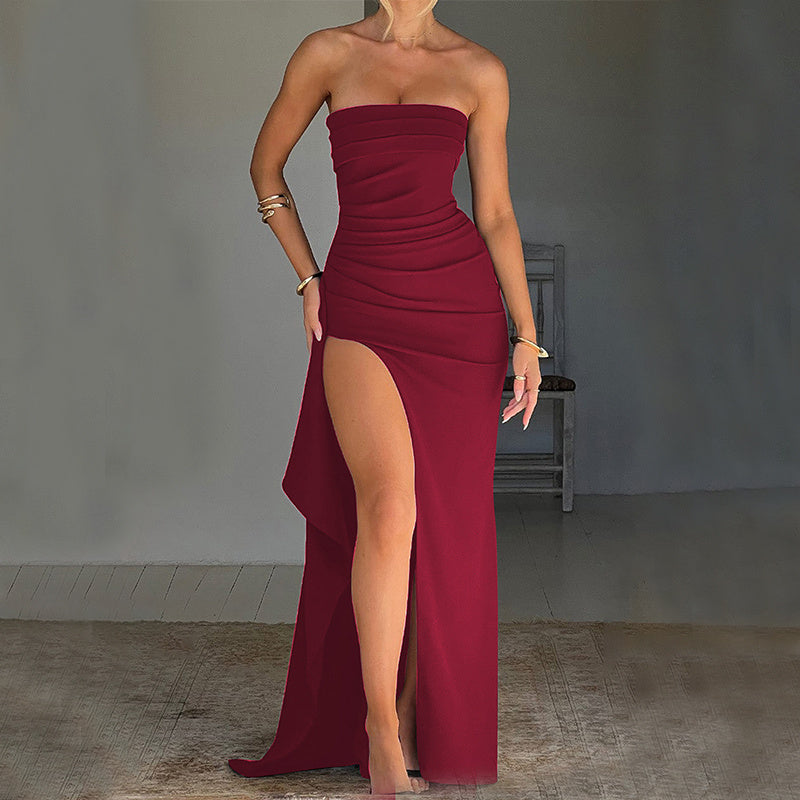Melanie – Strapless Long Dress with Slit and Pleats