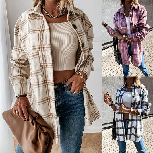Catherine – Retro Plaid Long-Sleeve Shirt Jacket