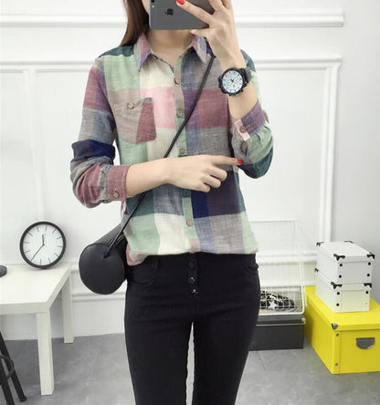 Sharon – Vintage Plaid Blouse in Linen and Cotton with Long Sleeves