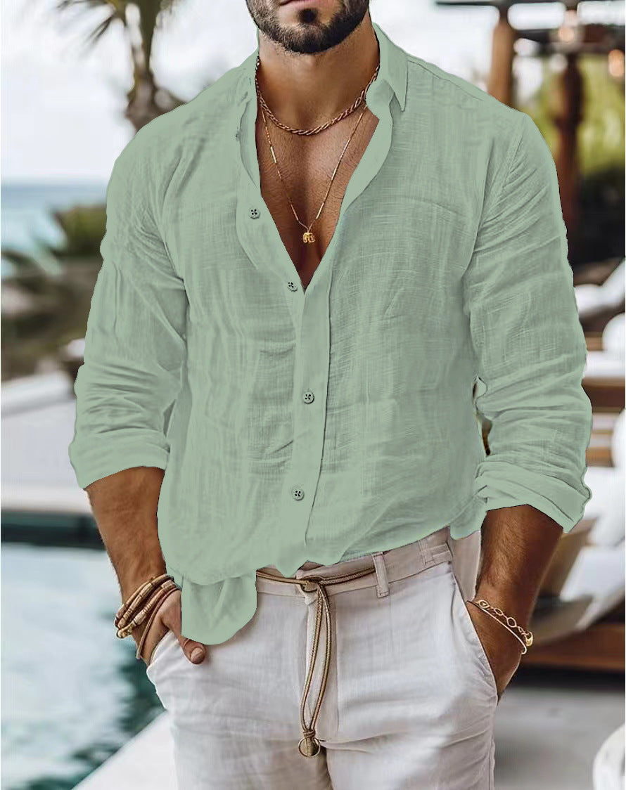 Henry – Cotton-Linen Shirt with Solid Color and Long Sleeves