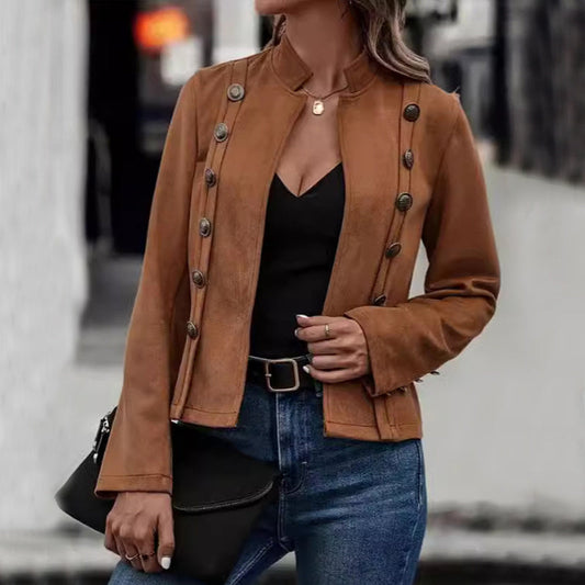 Jane – Short Women's Jacket with Decorative Buttons in Retro Style from Premium Vegan Suede