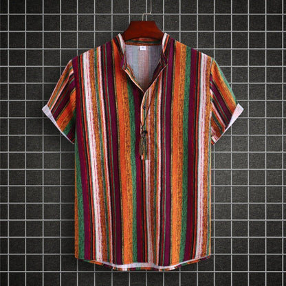 Robin – Ethnic Style Striped Cotton-Linen Shirt with Stand Collar and Short Sleeves