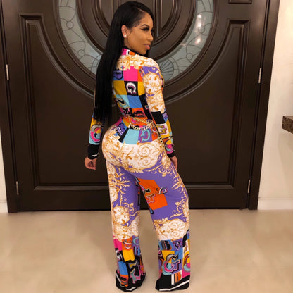 Deborah – Long Sleeve V-Neck Jumpsuit with Digital Print