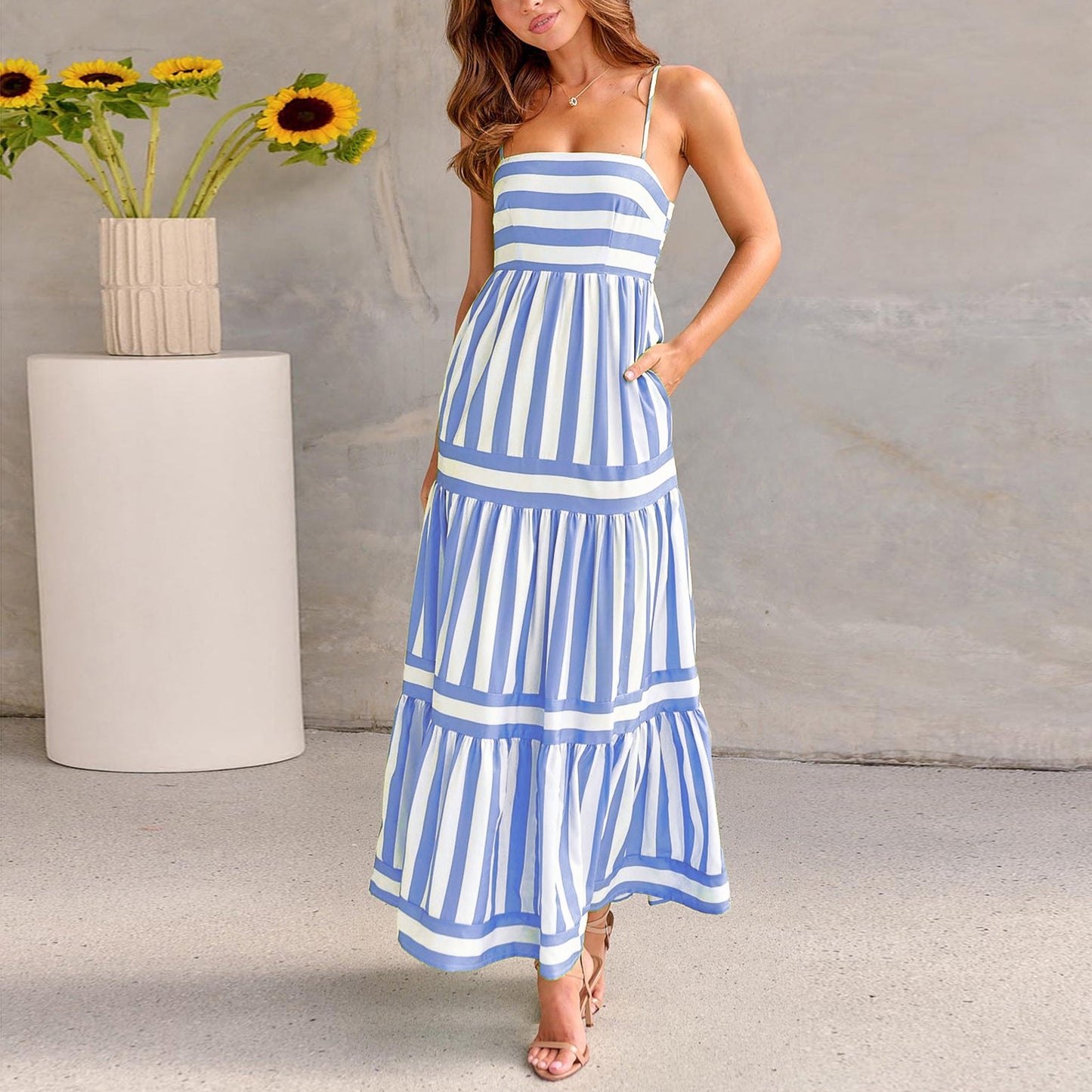 Vanessa – Striped Maxi Dress with Straps and Pockets for Beach Holidays
