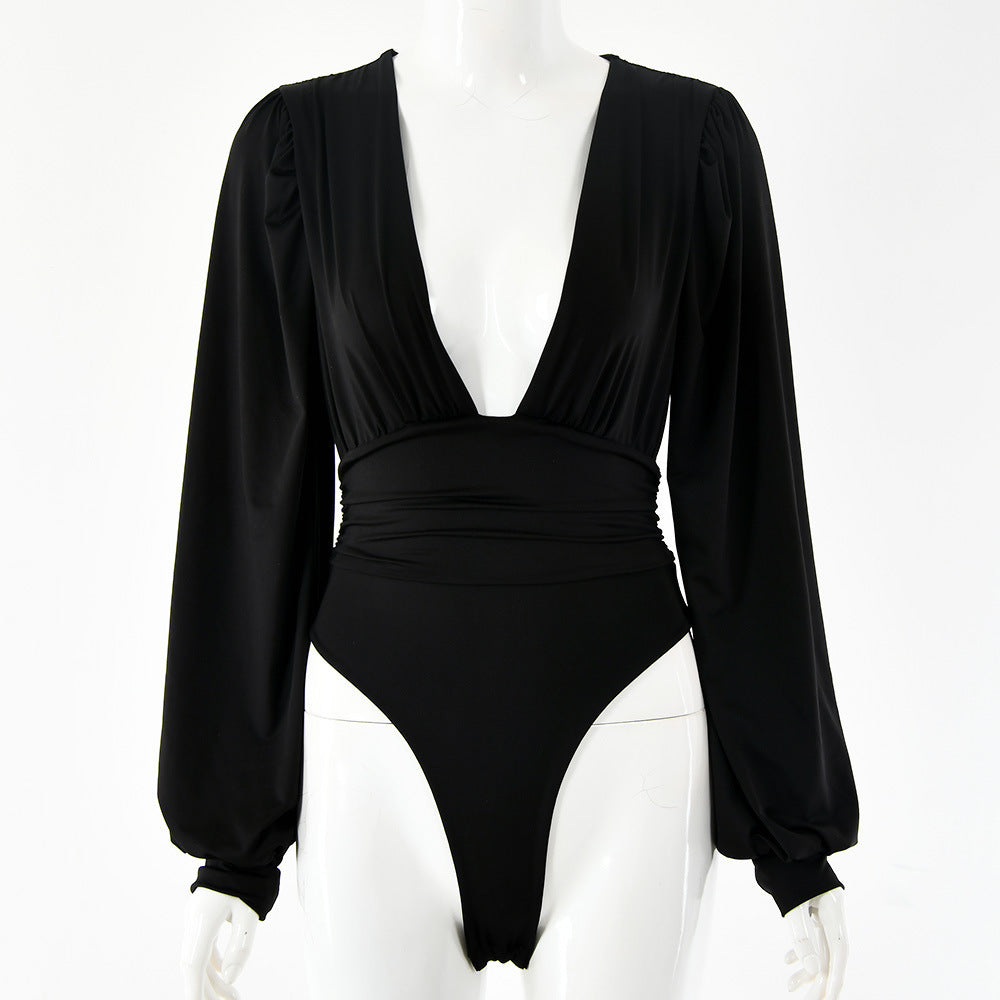 Gillian – Sexy Long Sleeve Bodysuit with Deep V-Neck and Waist