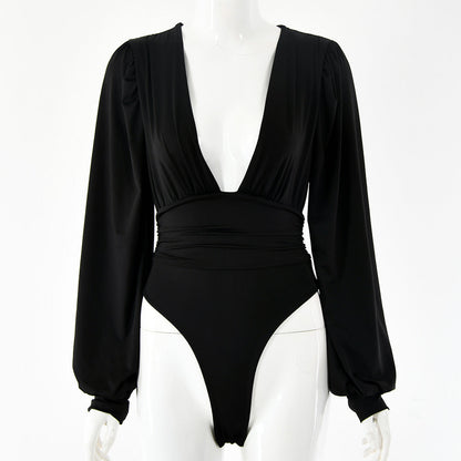 Gillian – Sexy Long Sleeve Bodysuit with Deep V-Neck and Waist