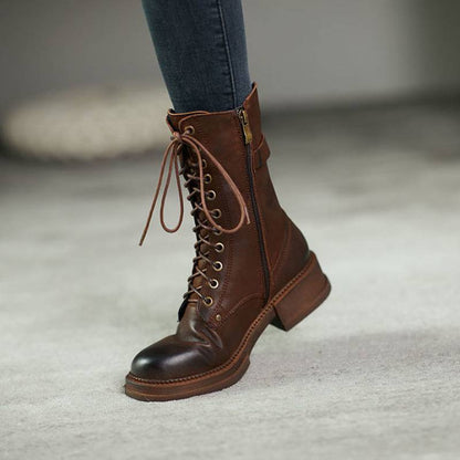 Ann – Mid-Tube Velvet Lace-Up Boots with Thick Heel