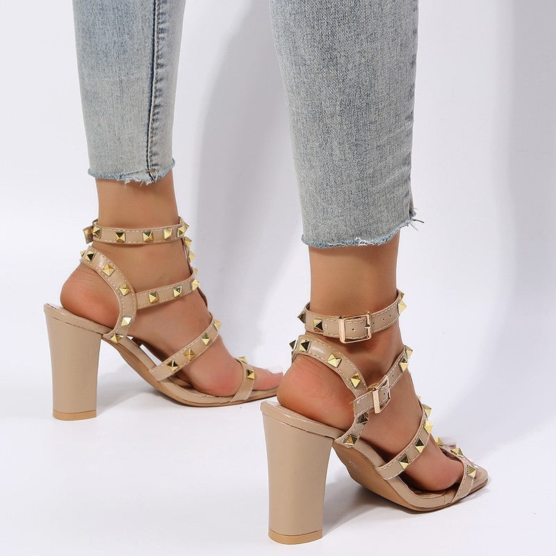 Brenda – Studded Buckle Sandals with Square Toe and High Heels