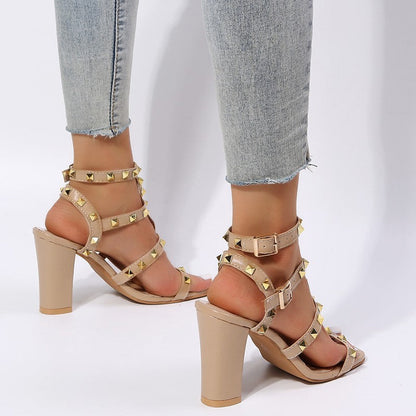 Brenda – Studded Buckle Sandals with Square Toe and High Heels