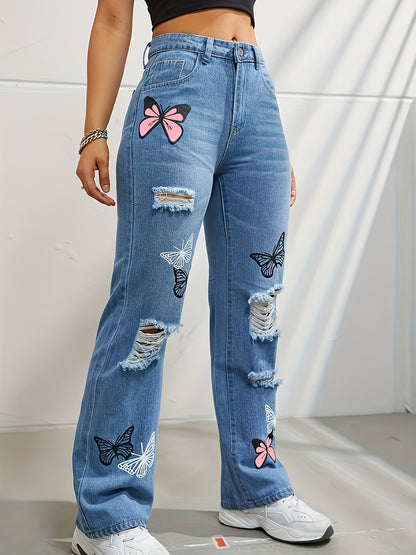 Lily – High-Waisted Jeans with Butterfly Print