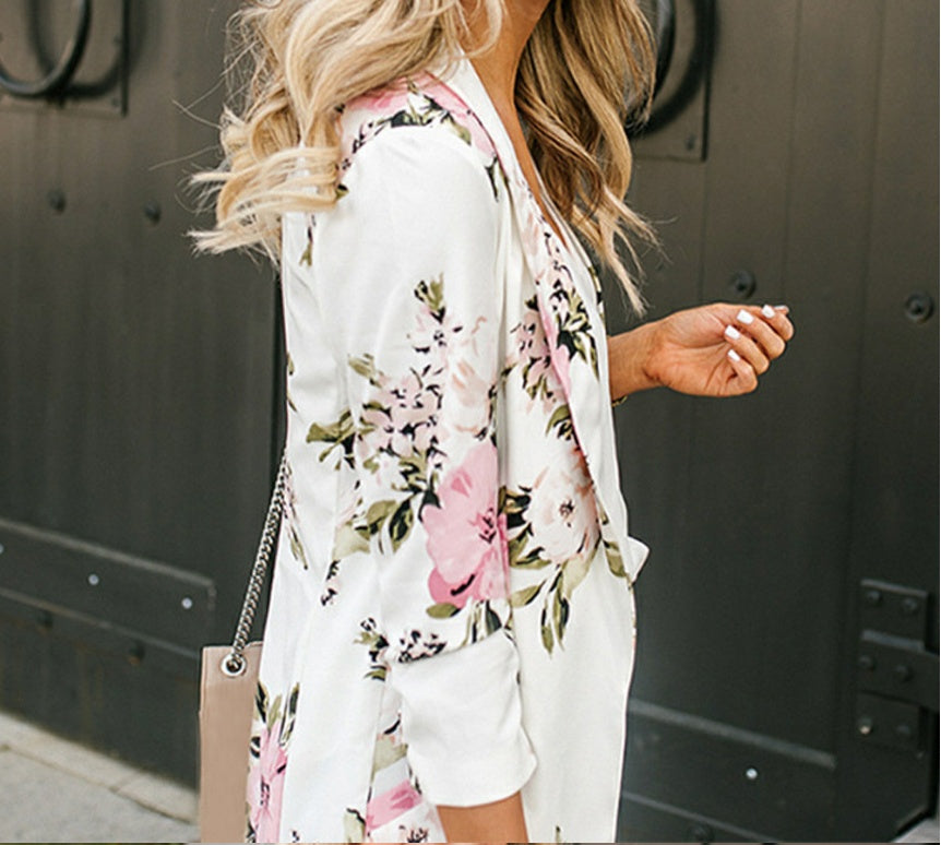 Rose – Long Women's Blazer with Floral Pattern and Pockets