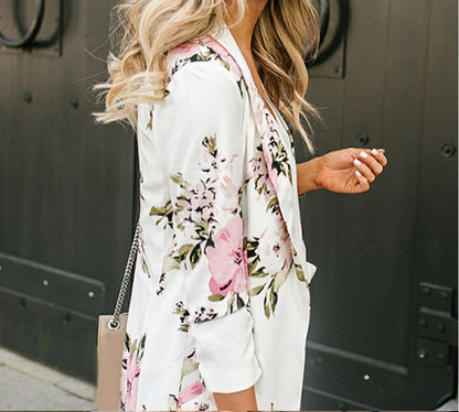 Rose – Long Women's Blazer with Floral Pattern and Pockets