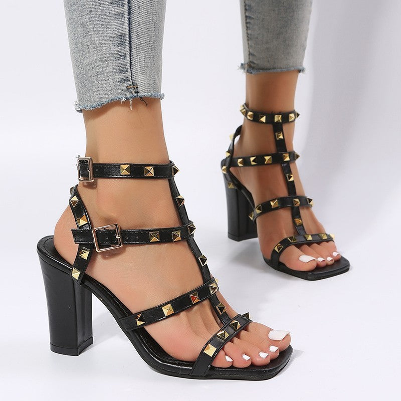 Brenda – Studded Buckle Sandals with Square Toe and High Heels