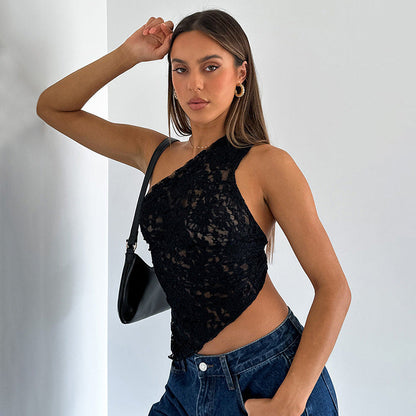 Lily – Asymmetric Sleeveless Top with Lace Back in Solid Colors