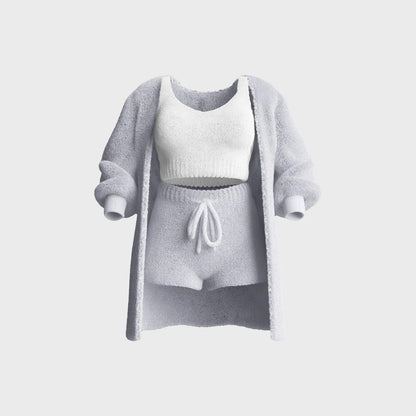 Lauren – Three-Piece Plush Set with Spaghetti Strap Top and Shorts