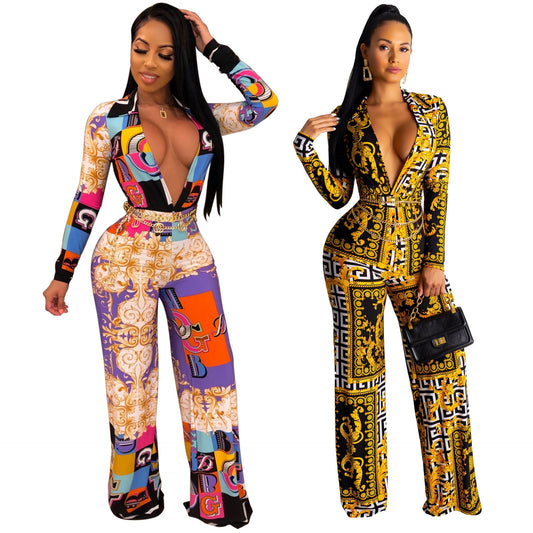 Deborah – Long Sleeve V-Neck Jumpsuit with Digital Print