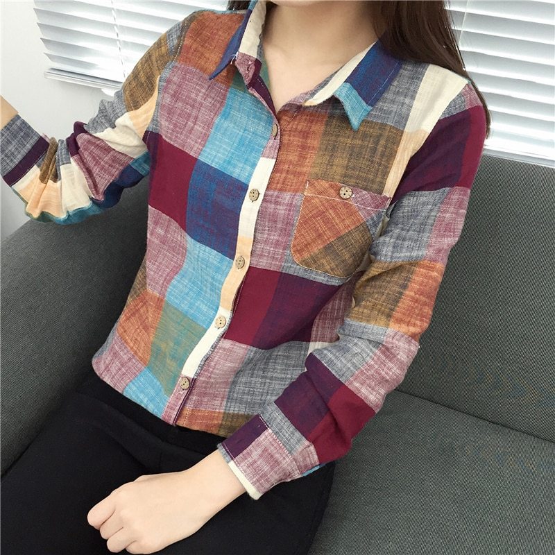 Sharon – Vintage Plaid Blouse in Linen and Cotton with Long Sleeves
