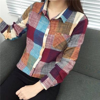 Sharon – Vintage Plaid Blouse in Linen and Cotton with Long Sleeves