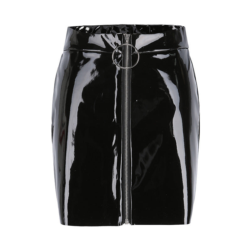 Adele – Short Skirt with Ring Zipper in Premium Glossy Vegan Leather