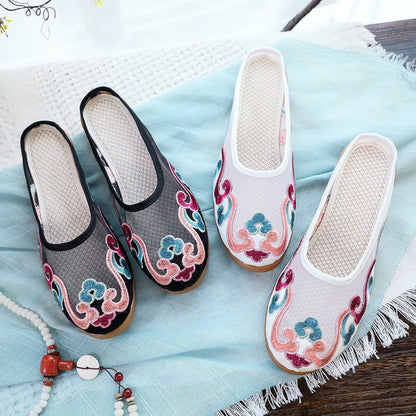 Michelle – Embroidered Cotton Mules in Retro Style