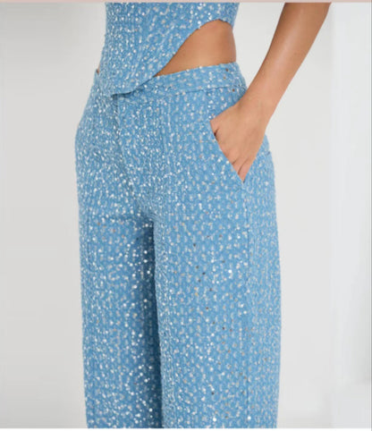 Melanie – Fashionable Denim Sequin Tube Top with Wide Pants