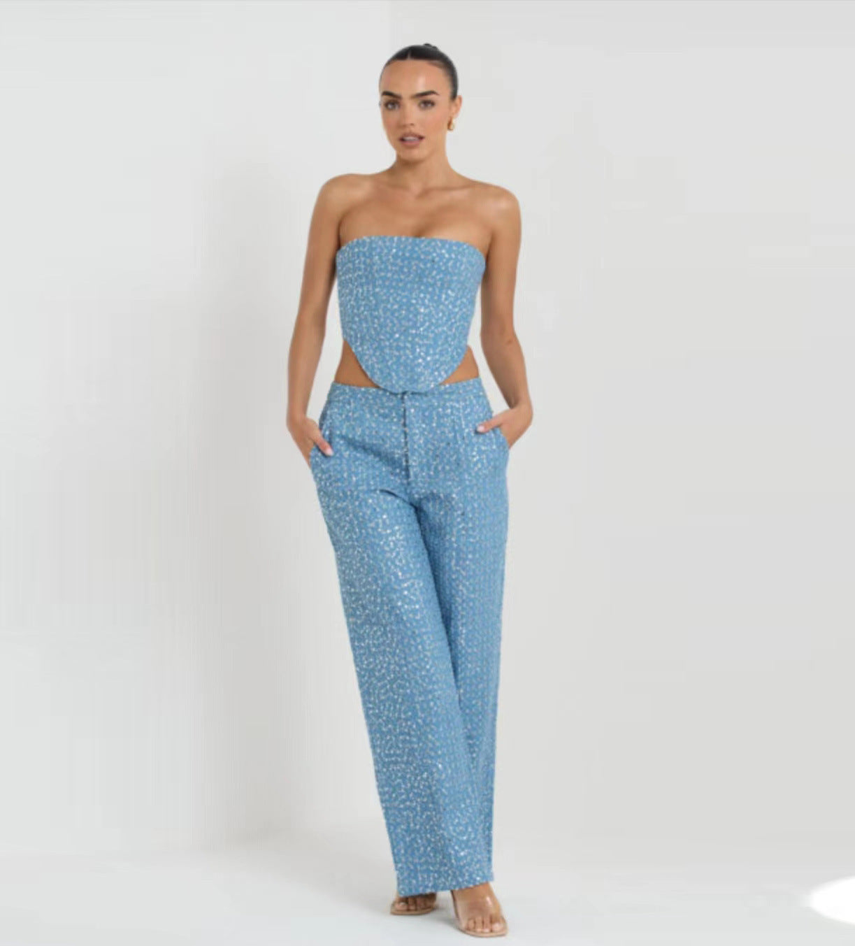 Melanie – Fashionable Denim Sequin Tube Top with Wide Pants