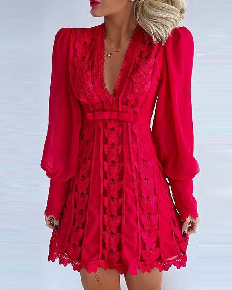 Jean – Elegant Lace Dress with Deep V-Neck and Long Puff Sleeves