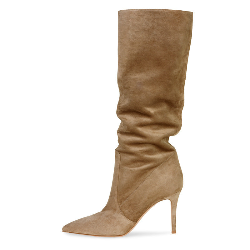Anna – Fashionable Vegan Suede Stiletto Heel Boots in Brown