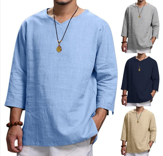 Tristan – Casual Men's Shirt in Cotton and Linen with V-Neck