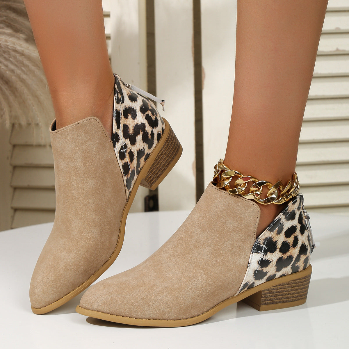 Ann – Fashionable Leopard Print Boots with Pointed Heel and Back Zipper