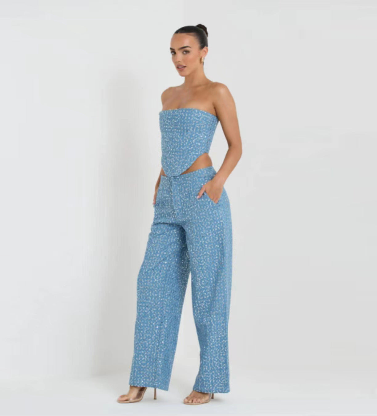 Melanie – Fashionable Denim Sequin Tube Top with Wide Pants