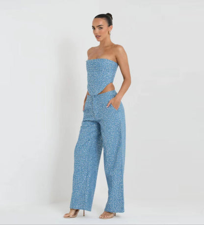 Melanie – Fashionable Denim Sequin Tube Top with Wide Pants
