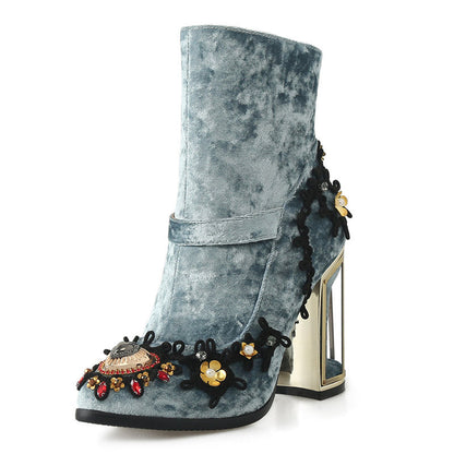 Amelia – Embroidered Women's Boots with Pearl Accents and Zipper